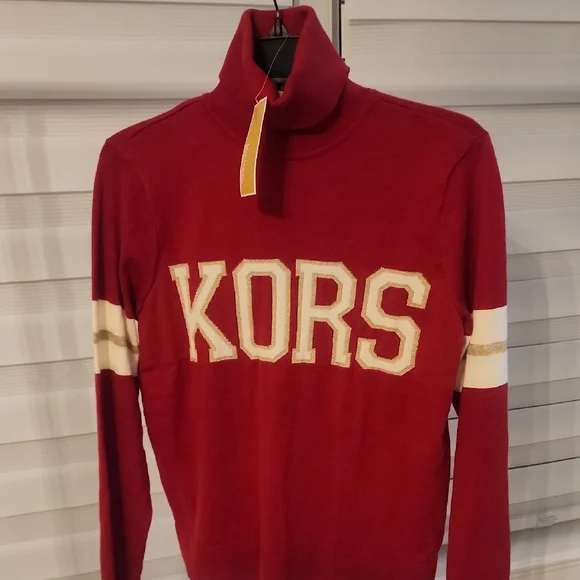 Michael Kors Red Turtleneck Sweater with Cream Accents - Picture 1 of 5
